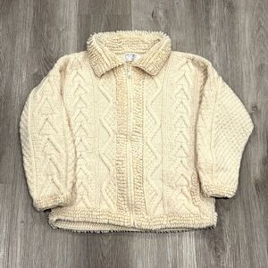 Vintage Ecuador Wool Full Zip Sweater Women's Medium Cream Cable Knit Fisherman
